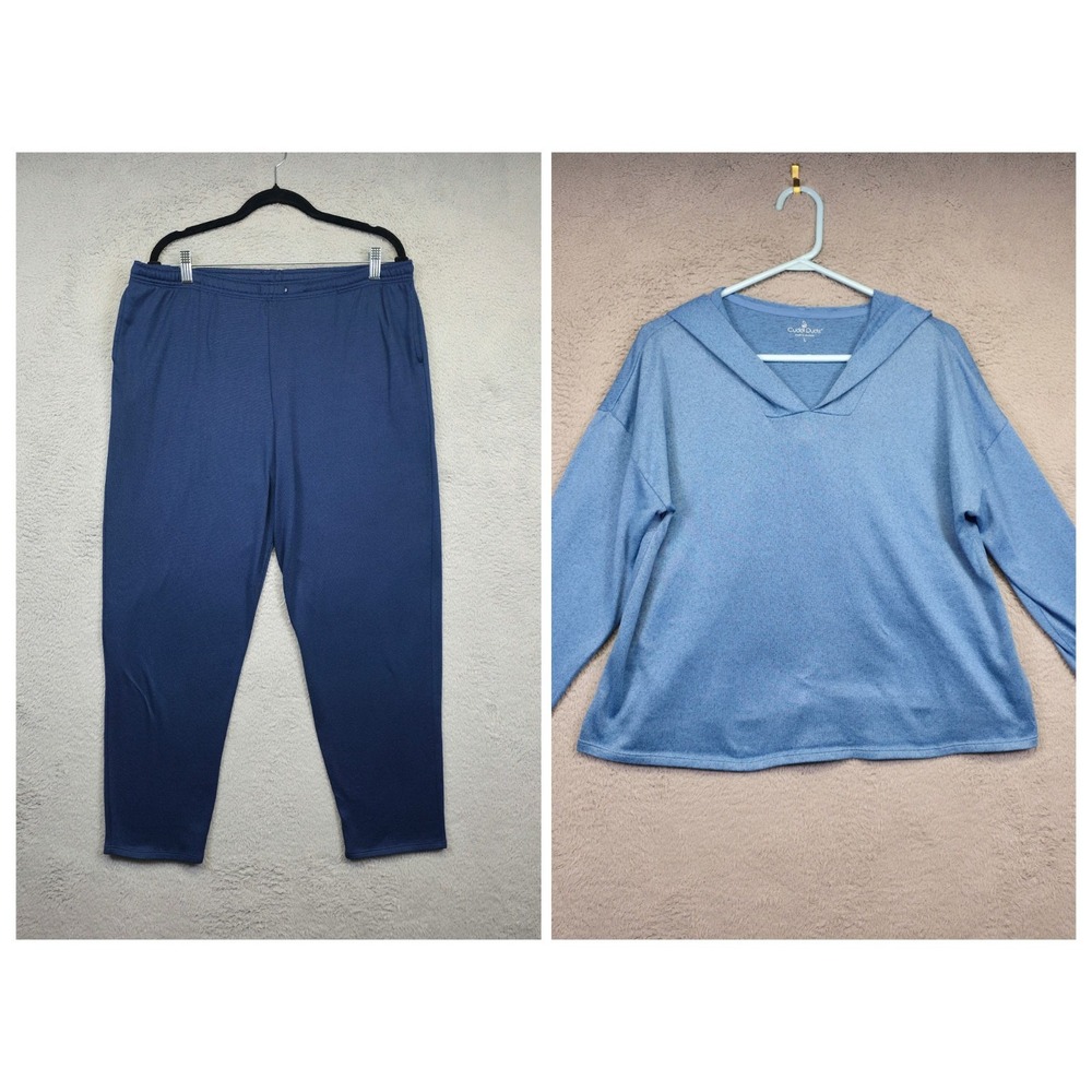 Cuddl Duds Pajama Set Womens‎ L Blue Hooded Cozy Soft Lounge Relaxed Stretch